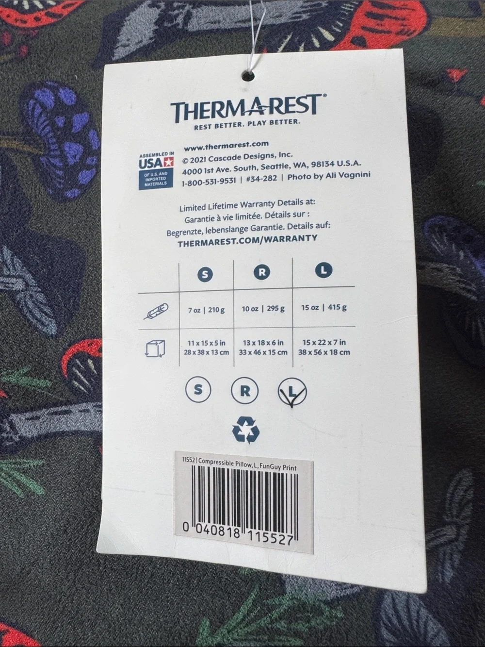 Thermarest pillow compact camping Fun Guy mushrooms large NEW NWT